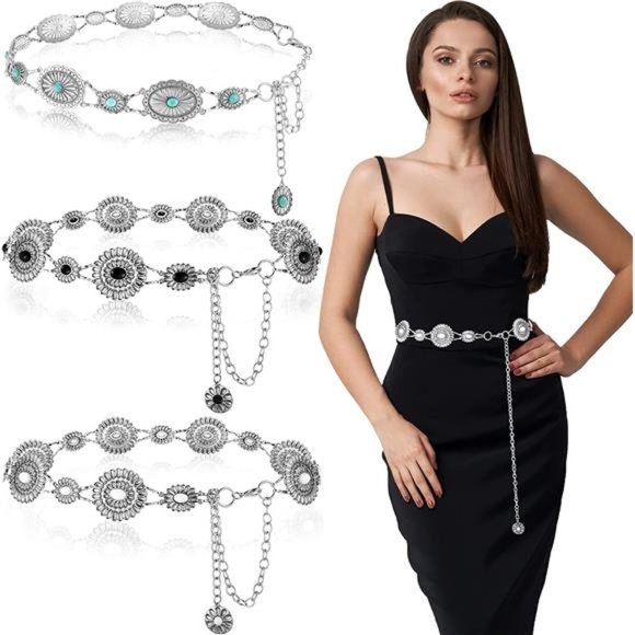 Junkin 3 Pcs Concho Turquoise Chain Belts Antique Western Waist Belts Metal Belt main image 4